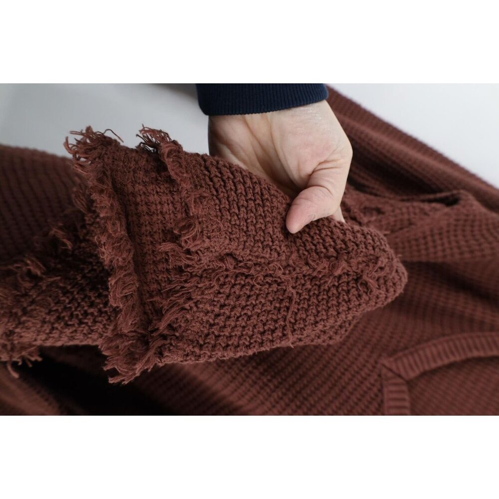 Free People Womens Large Faded Fringed Cold Shoulder Thermal Knit Sweater Brown - Picture 8 of 13